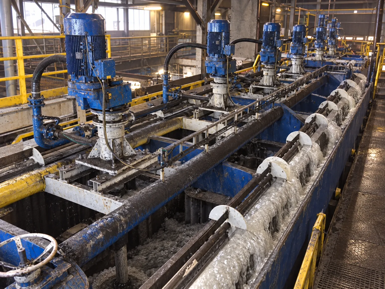 Flotation bank with six chambers and froth launders